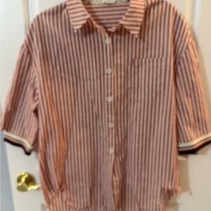 POL Red and White Button Down Shirt Casual Top